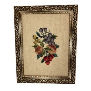 Vintage Gold Gilded Framed Needlepoint Fruit Peaches Grapes 13x16 1976
